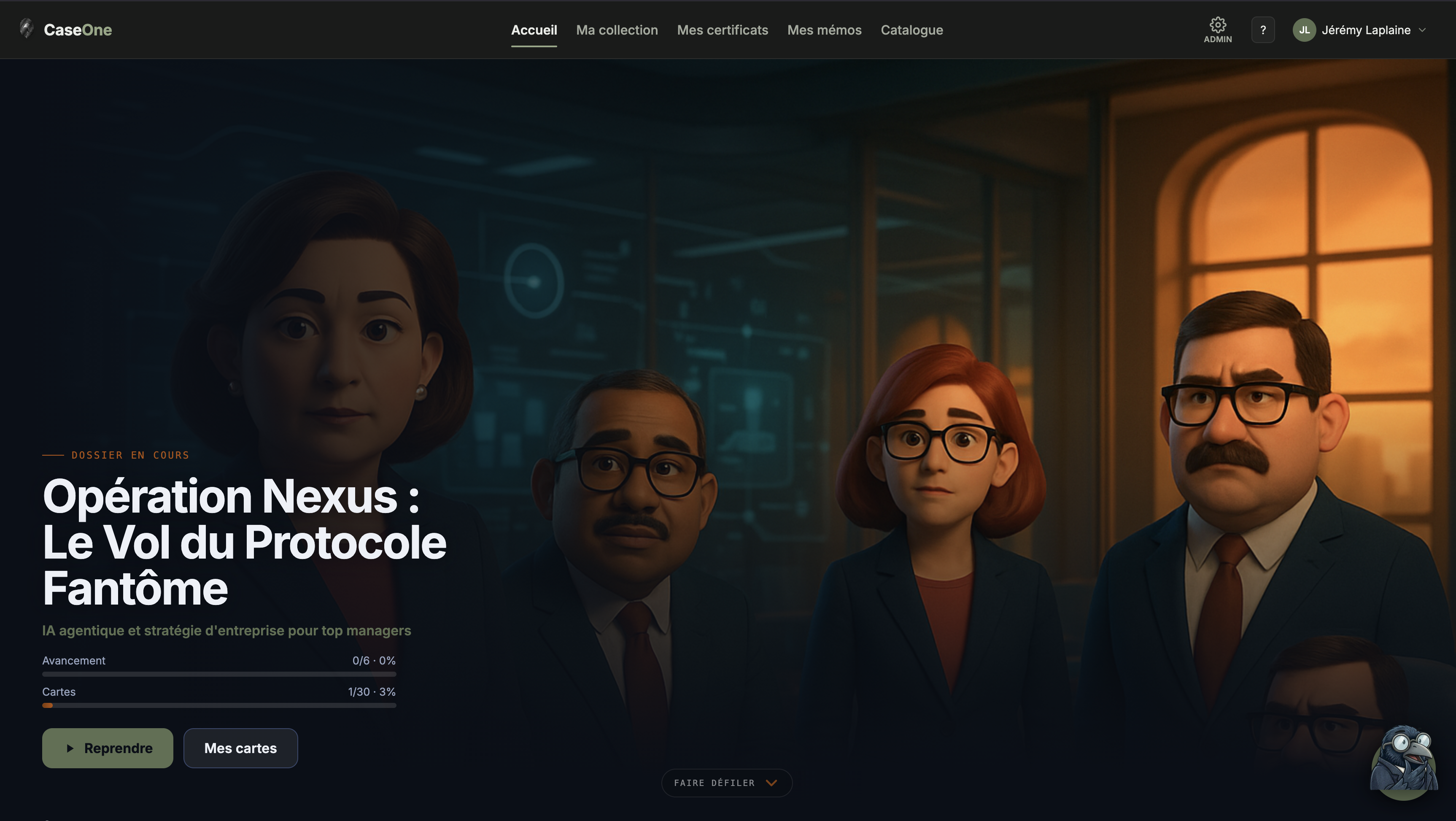 CaseOne — l'accueil apprenant : le parcours en cours, sa progression et ses personnages