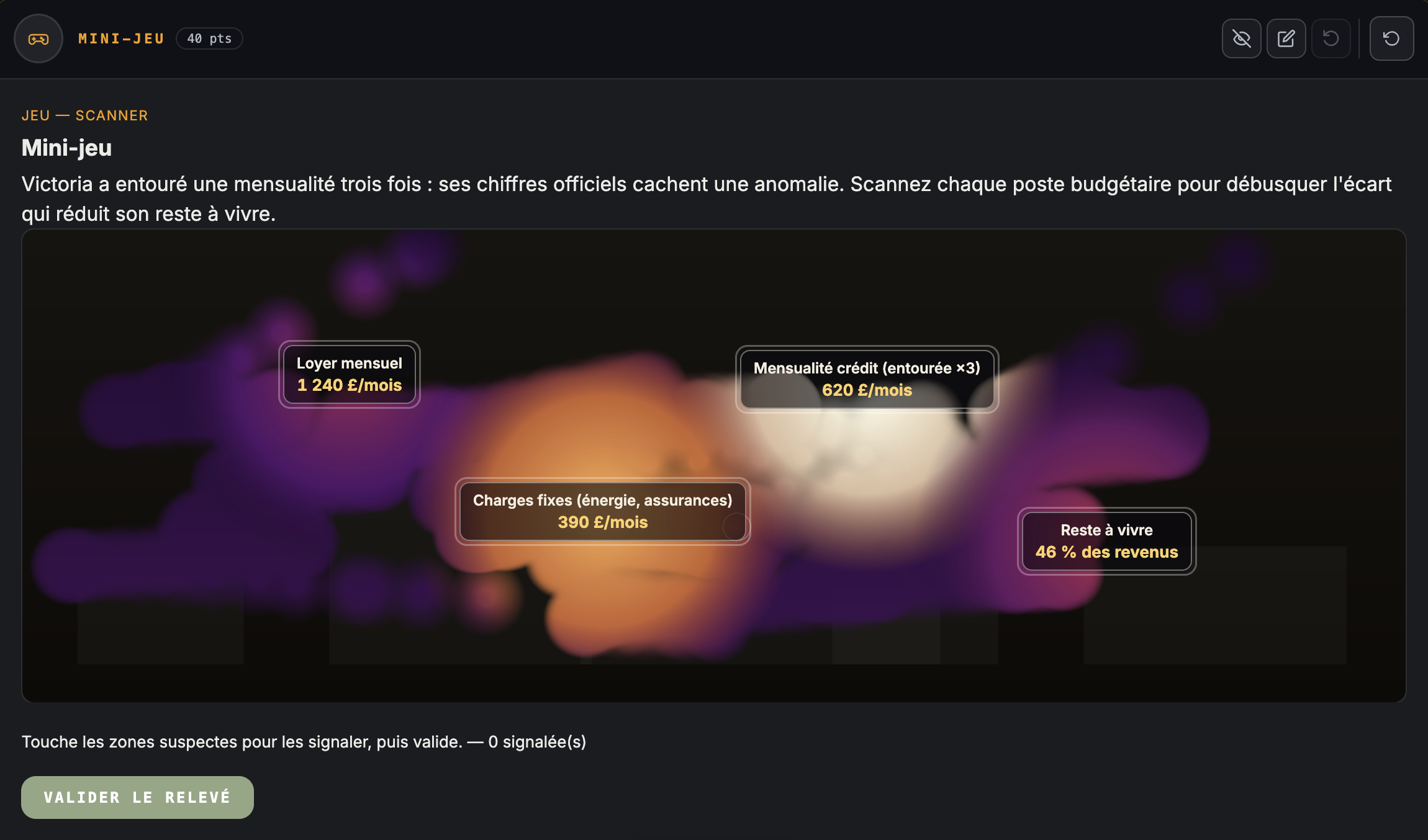 Mini-jeu du scanner : signaler les zones suspectes d'un relev&eacute; pour r&eacute;v&eacute;ler l'anomalie